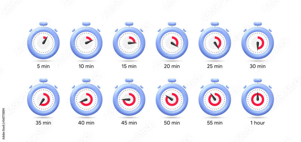 Poster set of timer 3d icons. stopwatch isolated icons with time from 5 minutes to 1 hour. countdown timer 