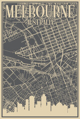 Grey hand-drawn framed poster of the downtown MELBOURNE, AUSTRALIA with highlighted vintage city skyline and lettering