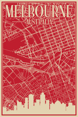 Red hand-drawn framed poster of the downtown MELBOURNE, AUSTRALIA with highlighted vintage city skyline and lettering