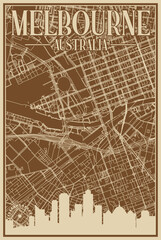 Brown hand-drawn framed poster of the downtown MELBOURNE, AUSTRALIA with highlighted vintage city skyline and lettering