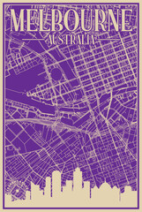 Purple hand-drawn framed poster of the downtown MELBOURNE, AUSTRALIA with highlighted vintage city skyline and lettering
