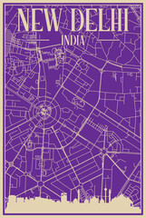 Purple hand-drawn framed poster of the downtown NEW DELHI, INDIA with highlighted vintage city skyline and lettering