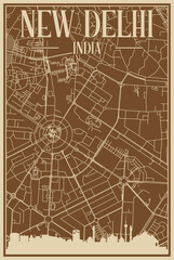 Brown hand-drawn framed poster of the downtown NEW DELHI, INDIA with highlighted vintage city skyline and lettering