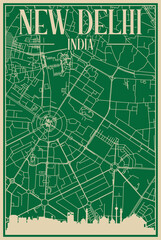 Green hand-drawn framed poster of the downtown NEW DELHI, INDIA with highlighted vintage city skyline and lettering