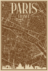 Brown hand-drawn framed poster of the downtown PARIS, FRANCE with highlighted vintage city skyline and lettering