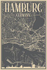 Grey hand-drawn framed poster of the downtown HAMBURG, GERMANY with highlighted vintage city skyline and lettering