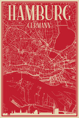 Red hand-drawn framed poster of the downtown HAMBURG, GERMANY with highlighted vintage city skyline and lettering