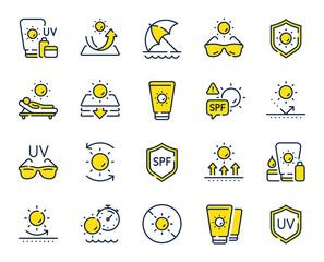 Sun protection line icons. Sunscreen, beach lounger and umbrella set. Summer sunbed, sunblock cream and uv sunglasses line icons. Spf protection, skin care lotion and beach sunscreen. Vector - obrazy, fototapety, plakaty