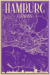 Purple hand-drawn framed poster of the downtown HAMBURG, GERMANY with highlighted vintage city skyline and lettering