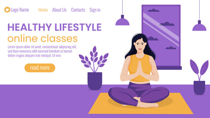 Template for web, landing page with girl doing yoga exercises at home.