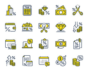 Tax line icons. Mortgage rate, Money credit and finance payroll set. Increase percent rate, return overpayment money, tax amount line icons. Jewel value, cut finance and tax evasion. Vector