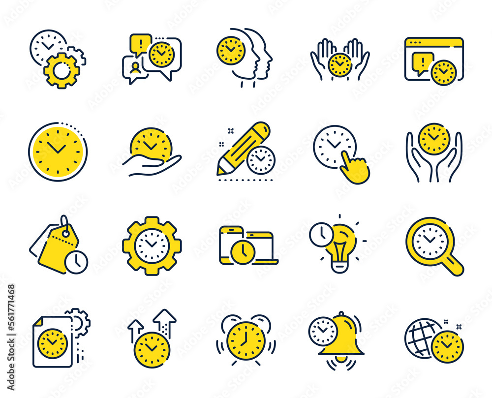Poster time management line icons. alarm clock, timer plan and project deadline signs. countdown clock, tim