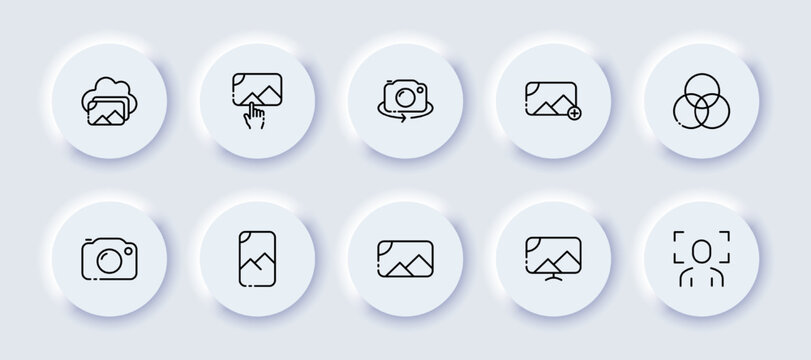 Picture neomorphic line icons set. Photo, avatar, graphics, button, color correction, landscape application, camera, photographer, designer, memories. These concept. Vector neomorphic icons set