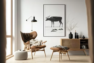 Fotobehang Stylish scandinavian composition of living room with design armchair, black mock up poster frame, commode, wooden stool, book, decoration, loft wall and personal accessories in modern home decor © 2rogan