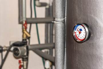 Boiler Hot Water Storage Tank with Circular Thermometer, Valves, Circulation Pump, Pipes of Water...