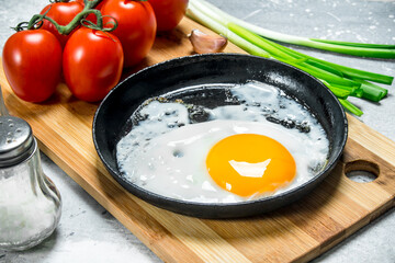 Fried egg in a pan with tomatoes and green onions.