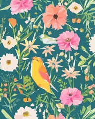 Floral Illustration Background with Bird, Colorful flowers, trees and leaves.