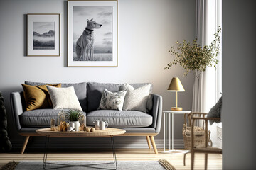 Stylish scandinavian interior of living room with design grey sofa, retro wooden table, mock up poster frame, decoration , carpet and personal accessories in elegant home decor. Generative AI