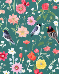 Floral Illustration Background with Bird, Colorful flowers, trees and leaves.