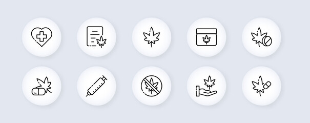 Medicines neomorphic line icons set. Disease, leaflet, tablet, immunity, patient, prescription, treatment, recommendations, addiction. health concept. Vector neomorphic line icons set