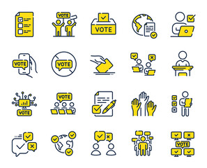 Fototapeta na wymiar Voting line icons. Public Election, Vote Box, Ballot Paper icons. Candidate, Politics voting and People vote. Government election, Raised hands, Document checklist. Online poll result. Vector