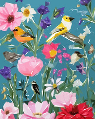 Floral Illustration Background with Bird, Colorful flowers, trees and leaves.