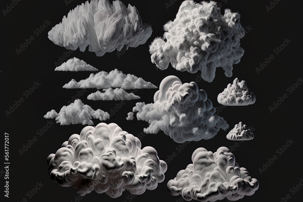 Poster white clouds in a group, isolated on a dark background. generative ai