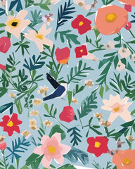 Floral Illustration Background with Bird, Colorful flowers, trees and leaves.