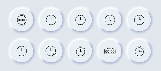 Clock neomorphic line icons set. Neomorphism, speed, timer, stopwatch, around the clock, support, deadline, competition, wrist, wall. time concept. Vector neomorphic line icons set