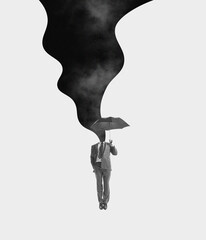 Contemporary art collage. Creative design. Businessman flying under umbrella with flow of creative...