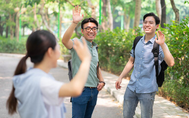 Photo of group Asian student outside