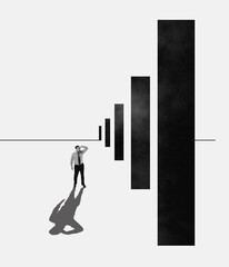 Contemporary art collage. Creative design. Businessman standing ear many blocks symbolizing new...