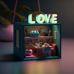 Miniature Interior of Futuristic Cyberpunk House Diorama with cute furniture and toys with the word Love Generative AI technology