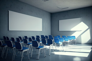 White classroom in education university with blue chairs. Generative AI
