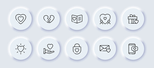 Love neomorphic line icons set. Voting, hand, lock, gift, speaker, mouthpiece, announcement, important information, events. communication concept. Vector neomorphic line icons set