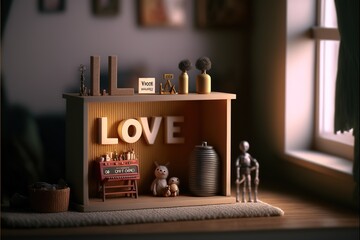 Miniature Interior of Futuristic Cyberpunk House Diorama with cute furniture and toys with the word Love Generative AI technology