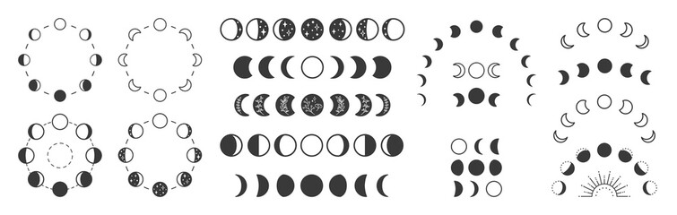 Phases of moon, boho moon illustration. Lunar phases, cycles vector clipart. New, Full Moon, Waning Crescent, First and Last Quarter