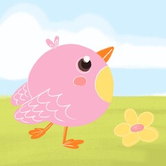cute cartoon pink bird walking
