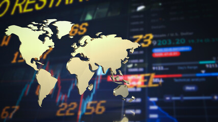 The gold world map on chart background for education or business concept 3d rendering.