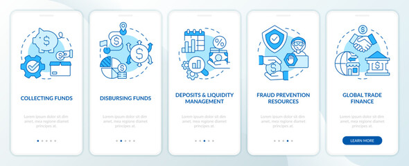 Fototapeta na wymiar Treasury management services blue onboarding mobile app screen. Walkthrough 5 steps editable graphic instructions with linear concepts. UI, UX, GUI template. Myriad Pro-Bold, Regular fonts used
