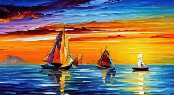 beautiful seaside greek sunset with sailboats