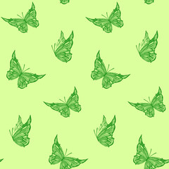 Naklejka premium Seamless green pattern with flying butterflies