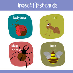 Insects Game Flashcards for Preschool Children. Educational worksheet for kids. Ladybug, stag beetle, bee, ant.