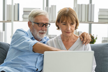 relaxed mature couple using laptop computer shopping online in the living room.