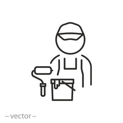 painter icon, man painting, roller with paint bucket, thin line symbol on white background - editable stroke vector illustration