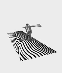 Contemporary art collage. Creative design. Motivated businessman sliding with suitcase on abstract...