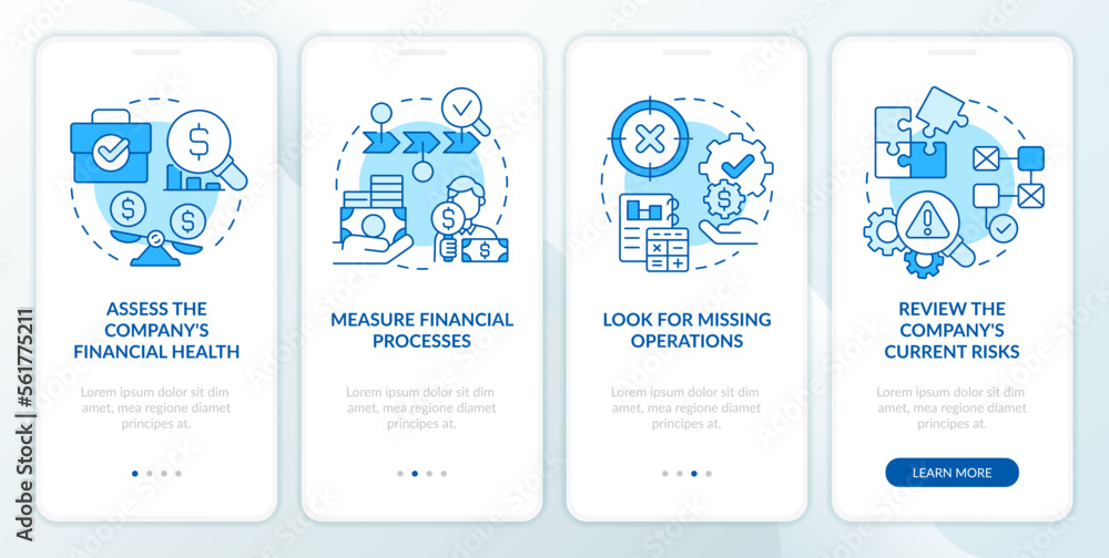 Poster determine treasury management need blue onboarding mobile app screen. walkthrough 4 steps editable g