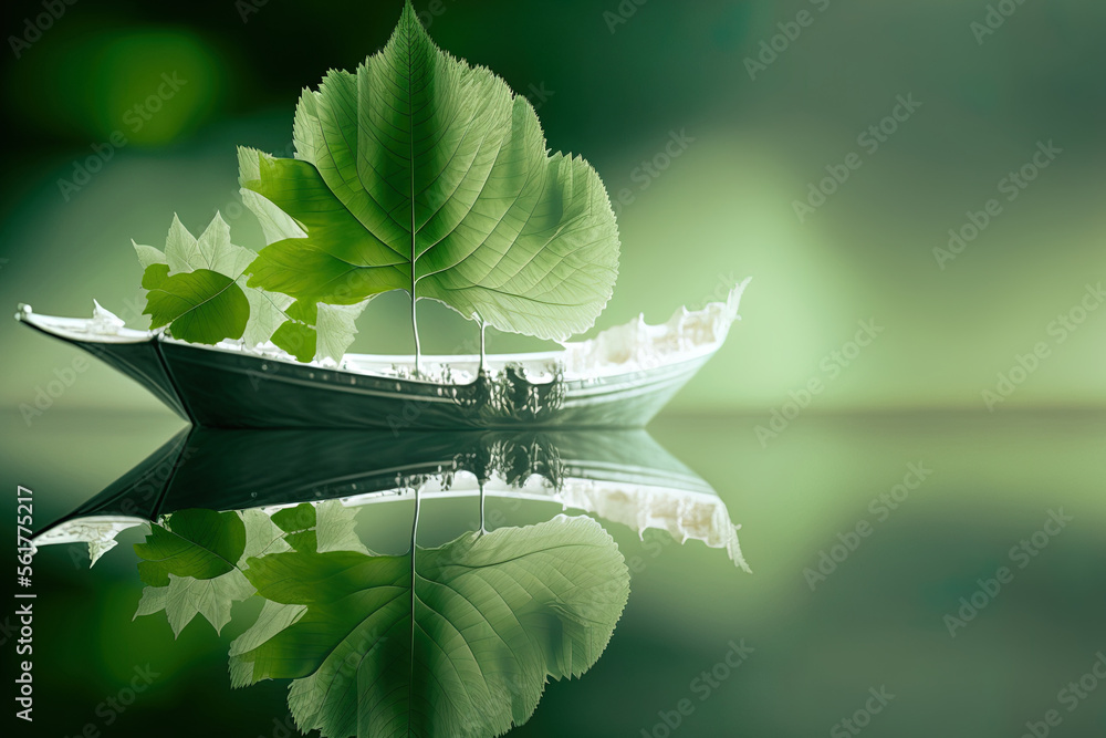 Poster a white translucent leaf on a mirror surface with a green background in the reflection is a macro sh