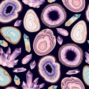 Vector seamless pattern with geode and crystals
