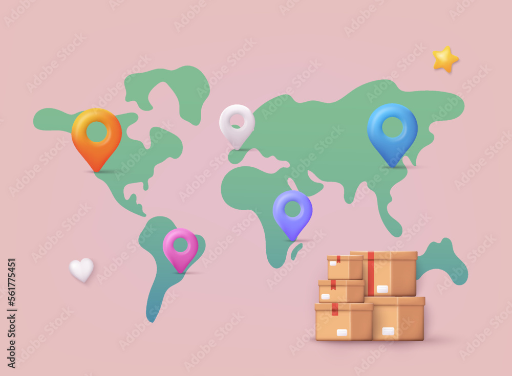 Poster world wide delivery. map with delivery tracking. gps navigator pointer. 3d web vector illustrations.